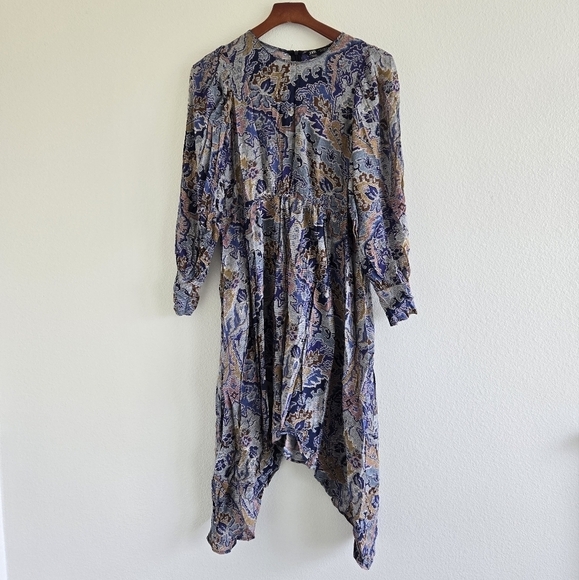 Zara Digital Floral Paisley Balloon Sleeve Midi Dress Blue Gold size Medium - Picture 3 of 10